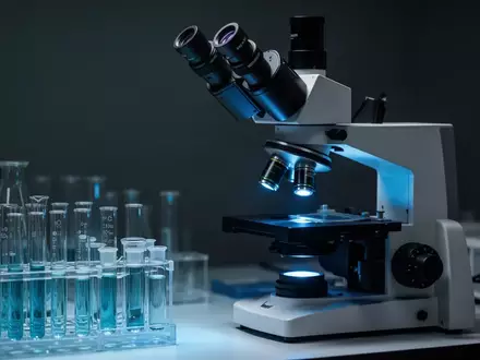 Ein hochmodernes Fluoreszenzmikroskop in einem abgedunkelten Labor mit sanfter blauer Beleuchtung. - Foto: über boerse-global.de