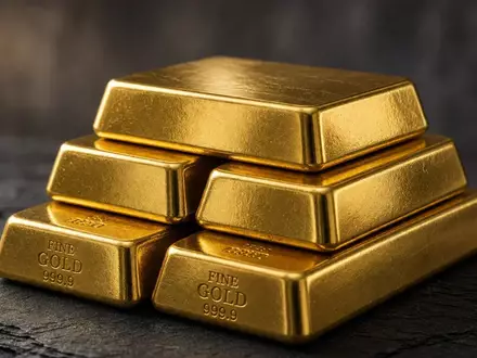 Mehrere glänzende Goldbarren auf einer dunklen Schieferplatte bei natürlichem Licht. - Foto: über boerse-global.de