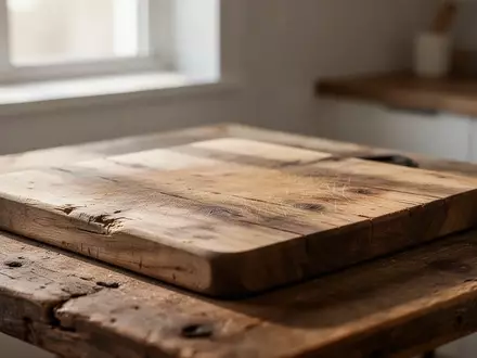 Ein minimalistisches, hölzernes Schneidebrett auf einer Küchenoberfläche bei natürlichem Tageslicht. - Foto: über boerse-global.de