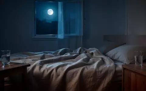 Ein minimalistisches, ruhiges Schlafzimmer bei Nacht mit sanftem Mondlicht, das auf ein ungemachtes Bett fällt. - Foto: über boerse-global.de