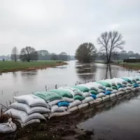 Gestapelte Sandsäcke am Ufer eines Flusses als Vorbereitung auf Hochwasserschutzmaßnahmen in einer ländlichen Region. - Foto: über boerse-global.de