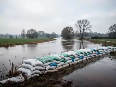 Gestapelte Sandsäcke am Ufer eines Flusses als Vorbereitung auf Hochwasserschutzmaßnahmen in einer ländlichen Region. - Foto: über boerse-global.de