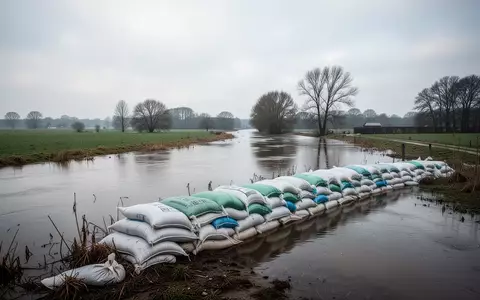 Gestapelte Sandsäcke am Ufer eines Flusses als Vorbereitung auf Hochwasserschutzmaßnahmen in einer ländlichen Region. - Foto: über boerse-global.de