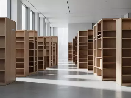 Ein minimalistischer, moderner Archivraum mit leeren Holzregalen und natürlichem Lichteinfall in einem Bürogebäude. - Foto: über boerse-global.de