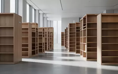 Ein minimalistischer, moderner Archivraum mit leeren Holzregalen und natürlichem Lichteinfall in einem Bürogebäude. - Foto: über boerse-global.de