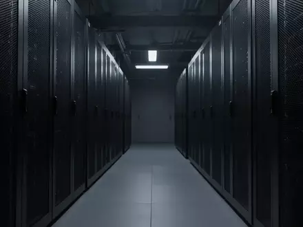 Dunkle, minimalistische Gänge in einem Serverraum mit metallischen Schrankfronten in einer industriellen Umgebung. - Foto: über boerse-global.de
