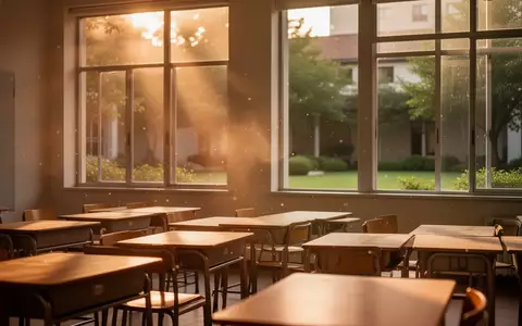 Ein leerer, sonnendurchfluteter Klassenraum mit Holzschreibtischen und Blick in einen ruhigen Innenhof. - Foto: über boerse-global.de