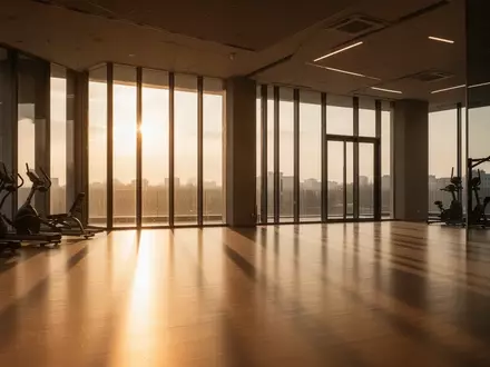 Ein leerer Fitnessraum mit großen Fenstern, durch die spätes Nachmittagslicht auf den Boden fällt. - Foto: über boerse-global.de