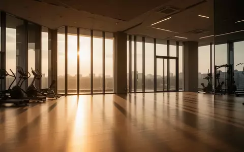 Ein leerer Fitnessraum mit großen Fenstern, durch die spätes Nachmittagslicht auf den Boden fällt. - Foto: über boerse-global.de