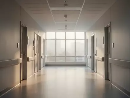 Ein heller, leerer Krankenhausflur mit modernem Design und natürlichem Lichteinfall durch große Fenster. - Foto: über boerse-global.de