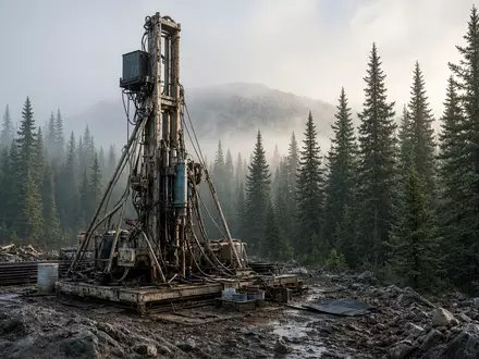Ein industrieller Bohrturm auf einer abgelegenen Bergbau-Explorationsstelle in einer bewaldeten Gebirgsregion. - Foto: über boerse-global.de