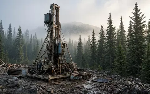 Ein industrieller Bohrturm auf einer abgelegenen Bergbau-Explorationsstelle in einer bewaldeten Gebirgsregion. - Foto: über boerse-global.de