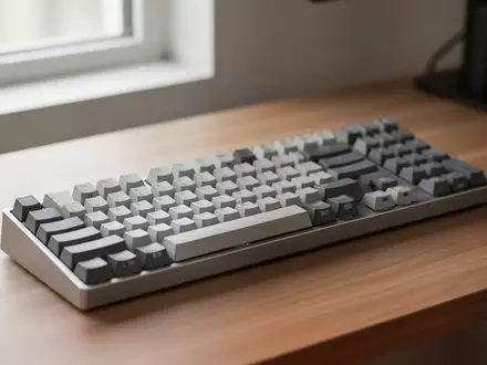 Ein minimalistischer Arbeitsplatz mit einer mechanischen Tastatur auf einem Holztisch bei natürlichem Tageslicht. - Foto: über boerse-global.de