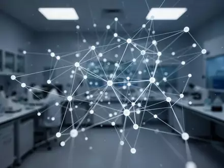 Abstraktes Netzwerk aus leuchtenden Knoten und Linien in einer sterilen Laborumgebung als Symbol für Datenverknüpfungen. - Foto: über boerse-global.de