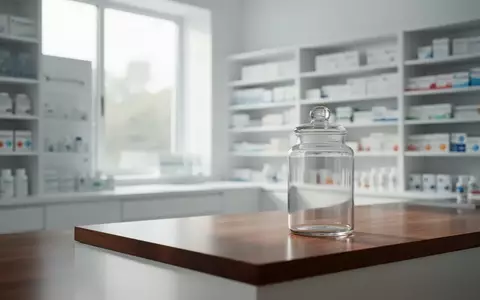Ein minimalistisch eingerichteter Apothekenraum mit Regalen und einem Glasgefäß auf einem Tresen bei Tageslicht. - Foto: über boerse-global.de