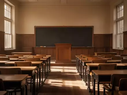 Ein sonnendurchfluteter, leerer Hörsaal mit hölzernen Sitzreihen und einer leeren Tafel, der eine ruhige Lernatmosphäre vermittelt. - Foto: über boerse-global.de