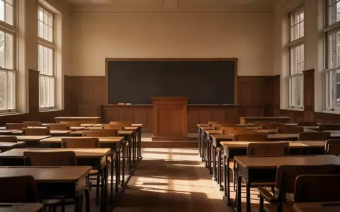 Ein sonnendurchfluteter, leerer Hörsaal mit hölzernen Sitzreihen und einer leeren Tafel, der eine ruhige Lernatmosphäre vermittelt. - Foto: über boerse-global.de