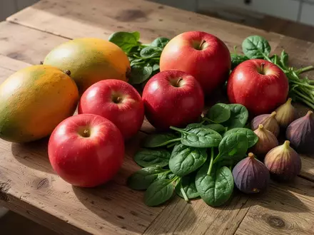 Eine Auswahl an frischen Lebensmitteln wie Mangos, Äpfeln, Feigen und Spinat auf einem Holztisch. - Foto: über boerse-global.de