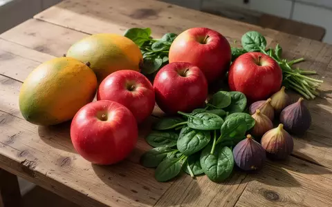 Eine Auswahl an frischen Lebensmitteln wie Mangos, Äpfeln, Feigen und Spinat auf einem Holztisch. - Foto: über boerse-global.de