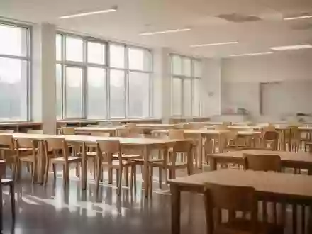 Helle, moderne Schulkantine mit Holztischen und Stühlen in einer ruhigen und geordneten Umgebung. - Foto: über boerse-global.de