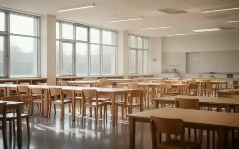 Helle, moderne Schulkantine mit Holztischen und Stühlen in einer ruhigen und geordneten Umgebung. - Foto: über boerse-global.de