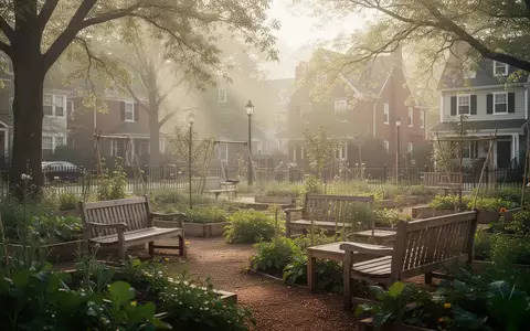 Ein sonniger Gemeinschaftsgarten mit Holzbänken und üppigem Grün als Ort der Ruhe und Begegnung. - Foto: über boerse-global.de