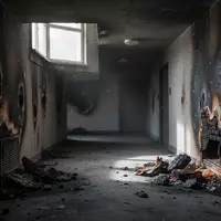 Ein dunkler, betonartiger Kellergang in einem Mehrfamilienhaus mit Spuren eines Brandereignisses an den Wänden. - Foto: über boerse-global.de