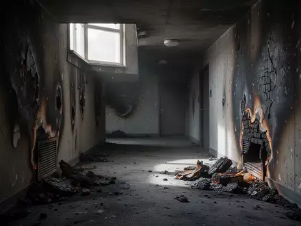 Ein dunkler, betonartiger Kellergang in einem Mehrfamilienhaus mit Spuren eines Brandereignisses an den Wänden. - Foto: über boerse-global.de