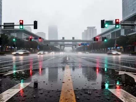 Eine verregnete Straßenkreuzung in Hangzhou bei trübem Wetter mit spiegelndem Asphalt und städtischer Infrastruktur. - Foto: über boerse-global.de