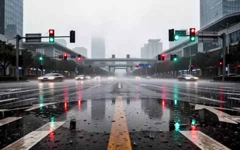 Eine verregnete Straßenkreuzung in Hangzhou bei trübem Wetter mit spiegelndem Asphalt und städtischer Infrastruktur. - Foto: über boerse-global.de