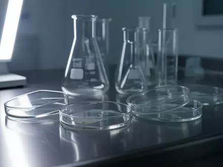 Laborumgebung mit Glasbechern und Petrischalen unter fokussiertem LED-Licht zur medizinischen Forschung. - Foto: über boerse-global.de