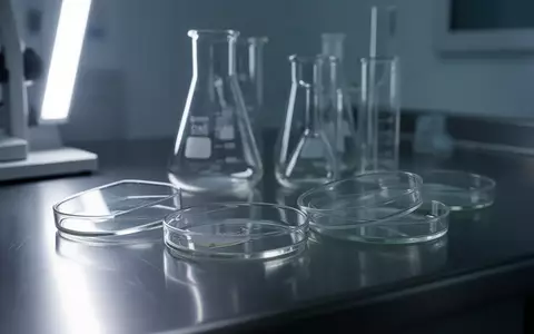 Laborumgebung mit Glasbechern und Petrischalen unter fokussiertem LED-Licht zur medizinischen Forschung. - Foto: über boerse-global.de
