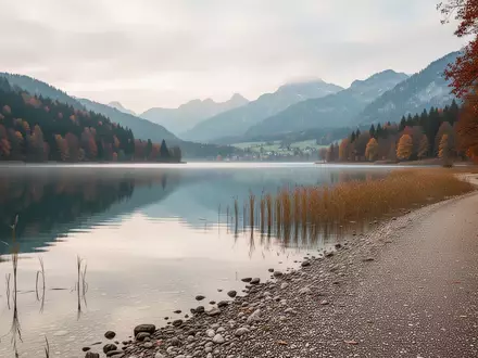 Ein ruhiger Blick auf den Hallwilersee mit einem leeren Uferweg in einer herbstlichen Landschaft. - Foto: über boerse-global.de