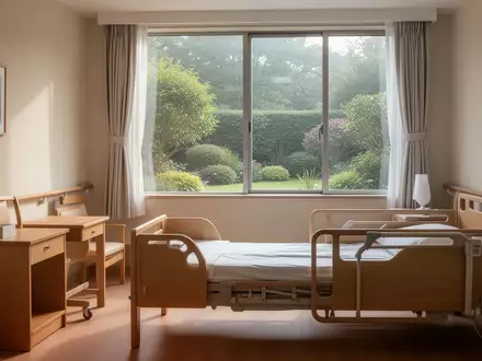 Ein helles, ruhiges Zimmer in einer Senioreneinrichtung mit schlichten Holzmöbeln und Blick in einen Garten. - Foto: über boerse-global.de