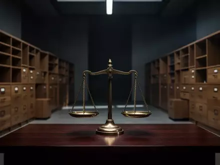 Eine schlichte, dunkle Anwaltskanzlei mit einer präzisen Waage auf einem Tisch, die juristische Strenge symbolisiert. - Foto: über boerse-global.de