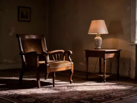 Ein schattiges, leeres Wohnzimmer mit einem alten Sessel und einem Beistelltisch in einer ruhigen, privaten Umgebung. - Foto: über boerse-global.de