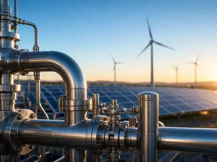 Moderne Industrieanlage für nachhaltige Energien mit Edelstahlrohren bei Sonnenaufgang. - Foto: über boerse-global.de