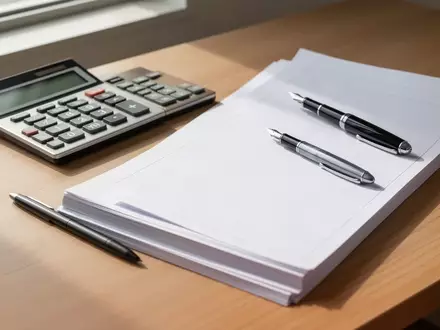Ein aufgeräumter Schreibtisch mit einem Taschenrechner, einem Füllfederhalter und leeren Formularen in natürlichem Tageslicht. - Foto: über boerse-global.de