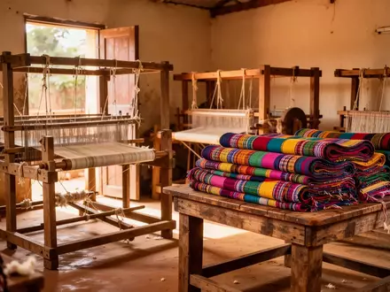 Traditionelle Webstühle und handgewebte Stoffe in einer hellen Werkstatt in Ghana. - Foto: über boerse-global.de