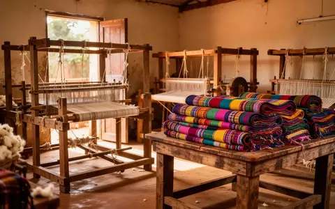 Traditionelle Webstühle und handgewebte Stoffe in einer hellen Werkstatt in Ghana. - Foto: über boerse-global.de