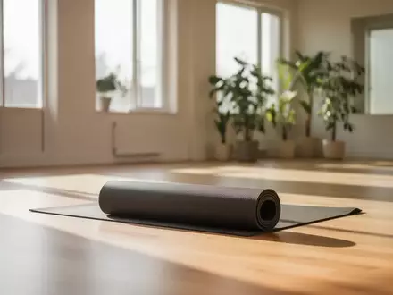 Eine helle, minimalistische Trainingsumgebung mit einer zusammengerollten Yogamatte auf einem Holzboden. - Foto: über boerse-global.de