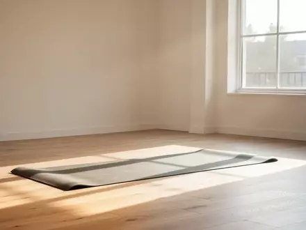 Ein heller, minimalistischer Übungsraum mit einer Yogamatte auf einem Holzboden in natürlichem Sonnenlicht. - Foto: über boerse-global.de