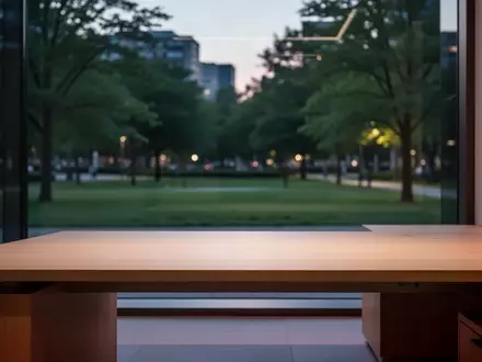 Ein minimalistischer, ruhiger Büroarbeitsplatz in der Abenddämmerung mit Blick in einen grünen Park zur Symbolisierung von Arbeitsgesundheit. - Foto: über boerse-global.de