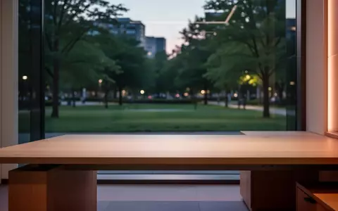 Ein minimalistischer, ruhiger Büroarbeitsplatz in der Abenddämmerung mit Blick in einen grünen Park zur Symbolisierung von Arbeitsgesundheit. - Foto: über boerse-global.de