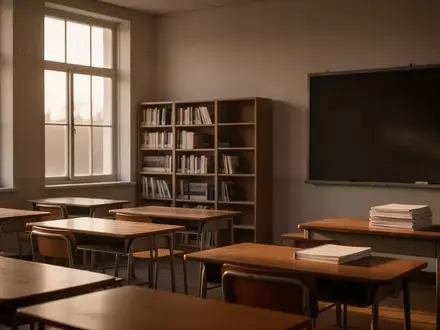 Ein leerer, sonnendurchfluteter Klassenraum mit schlichten Holztischen und einem leeren Wandregal. - Foto: über boerse-global.de