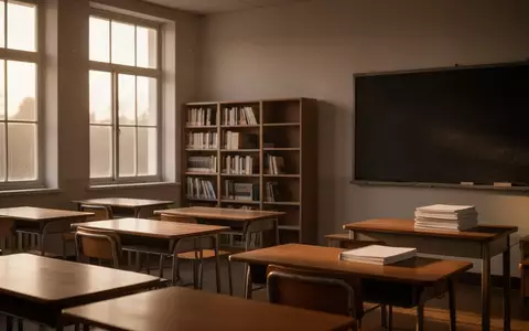 Ein leerer, sonnendurchfluteter Klassenraum mit schlichten Holztischen und einem leeren Wandregal. - Foto: über boerse-global.de