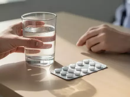 Eine Hand hält ein Glas Wasser neben einer Medikamentenpackung auf einem Holztisch. - Foto: über boerse-global.de