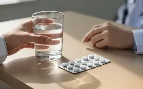 Eine Hand hält ein Glas Wasser neben einer Medikamentenpackung auf einem Holztisch. - Foto: über boerse-global.de