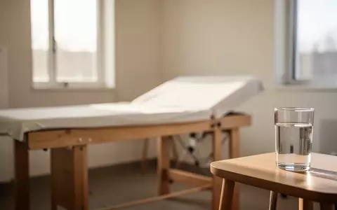 Ein minimalistischer, hell beleuchteter Behandlungsraum in einer Arztpraxis mit einem hölzernen Untersuchungstisch. - Foto: über boerse-global.de