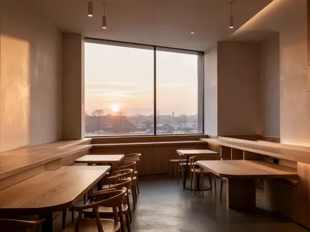 Ein minimalistischer, heller Innenraum eines Cafés mit sauberen Linien und natürlichem Lichteinfall ohne Personen oder Technik. - Foto: über boerse-global.de
